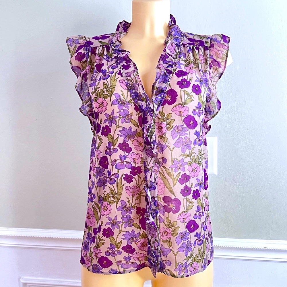 Cabi Blouse Womens XS Cap Sleeve Purple V-Neck Cottagecore Chiffon Romantic Girl